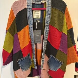 Colorful Patchwork Cardigan with Denim Accents